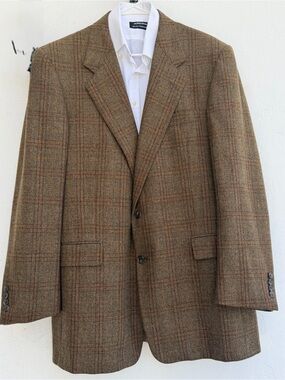 Hickey Freeman Collection 100% Wool Brown Plaid Sport Coat Blazer 43L USA